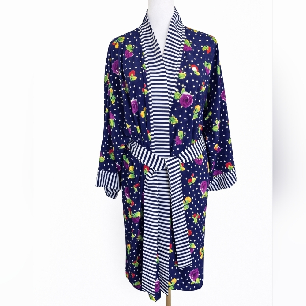 Vintage Victoria’s Secret Gold Label Satin Robe Navy Floral Polka Dot Stripe